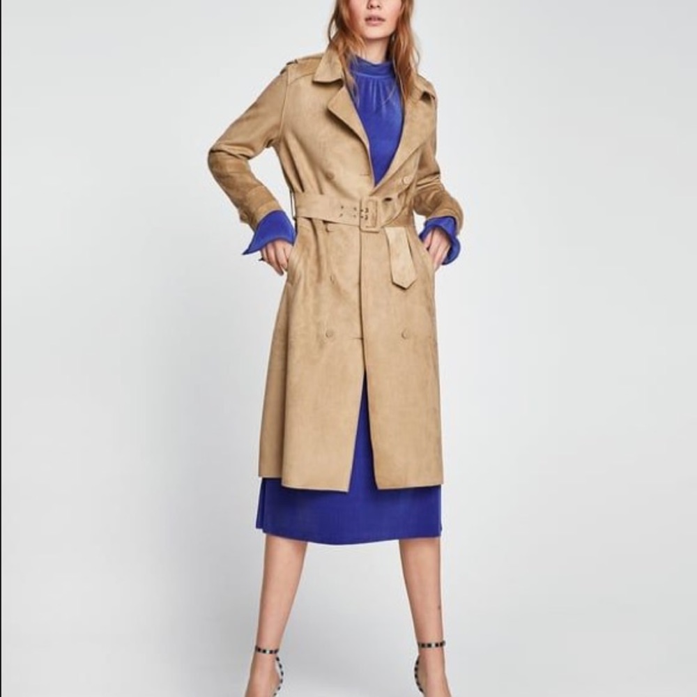 NWT Zara Tan Faux Suede Belted Trench Coat